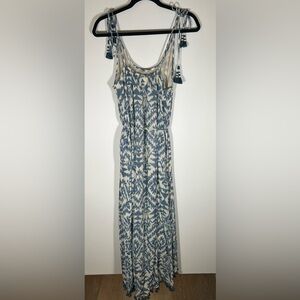 LOVE SAM blue cream tasseled sleeveless maxi boho dress ikat sz L festival